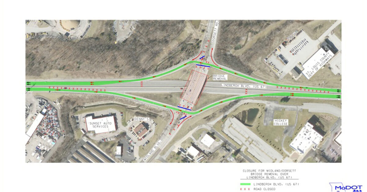 A graphic from the Missouri Department of Transportation illustrates the planned closure of the Dorsett Road/Midland Boulevard bridge over U.S. 67 in suburban St. Louis, Missouri.