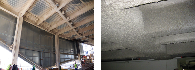 (Left) Medium-density SFRM applied to plenum areas where higher durability is required. (Right) High-density SFRM applied to structural beams and columns in a parking garage