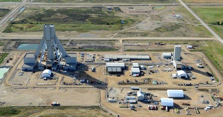 An overhead view of a potash mining operation in rural Canada.